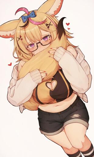 vtuber Omaru Polka hugging her tail with a dreamy expression