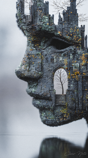 A surreal digital artwork depicts a human face in profile, crafted entirely from intricate stone architecture resembling a medieval castle or fortress. The gray stone structures form the contours of a head facing left, with a prominent arched doorway within the lower portion of the face, with stone steps leading to a solitary bare. Vines with small golden leaves punctuate the face, adding warmth to the otherwise cool-toned stonework. The composition floats against a misty gray background that creates an ethereal, dreamlike atmosphere.